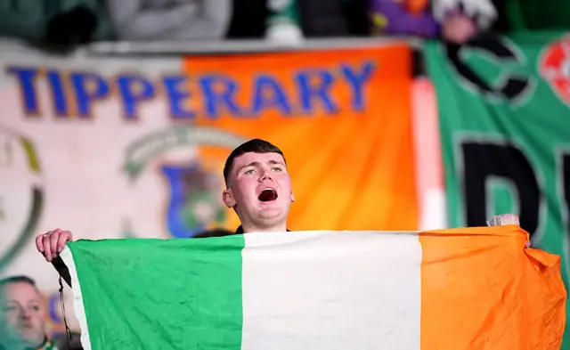 Ireland fan holds a flag up in the away end