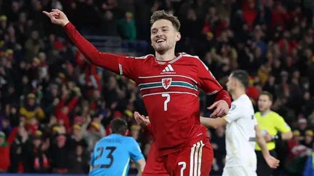 David Brooks celebrates goal v N Macedonia
