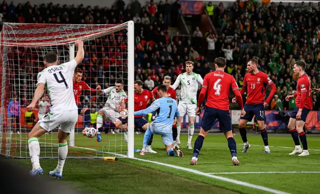 The ball bobbles into the net