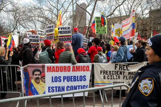 Demonstrators in support of Nicolas Maduro rally outside federal court in New York