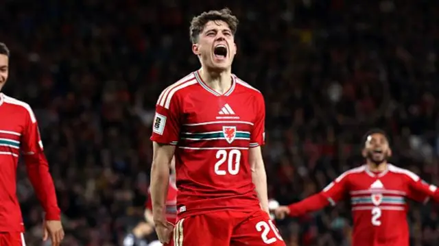 Dan James celebrates his goal