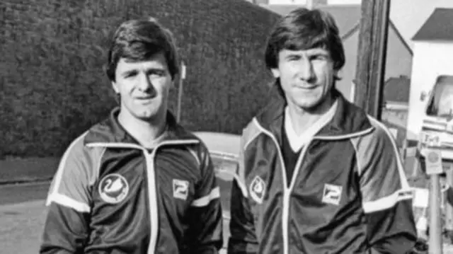 Dzemal Hadziabdic and Ante Rajkovic pictured outside the Vetch in Swansea in 1981