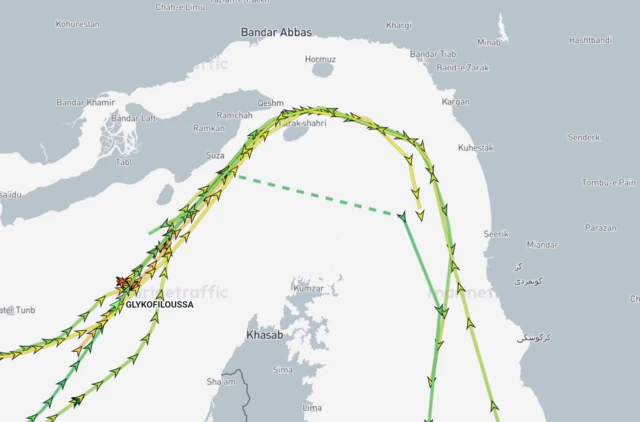 Ship-tracking data showing the six vessels that have passed through the Strait of Hormuz so far today