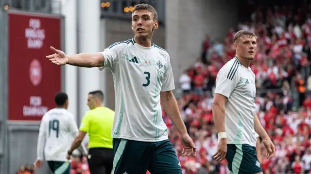 Ruairi McConville (39) of Northern Ireland shows frustration during the friendly match between Denmark and Northern Ireland at Parken Stadium