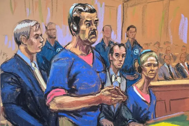 A court sketch of Nicolas Maduro and his wide in court in New York in January