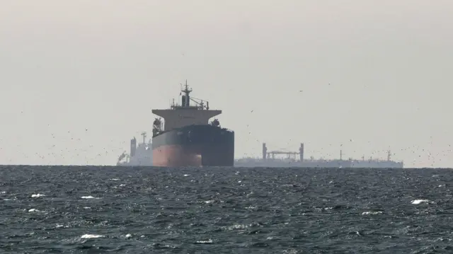 Cargo ships in the Gulf, near the Strait of Hormuz, as seen from northern Ras al-Khaimah, near the border with Oman’s Musandam governance, amid the U.S.-Israeli conflict with Iran, in United Arab Emirates, March 11, 2026