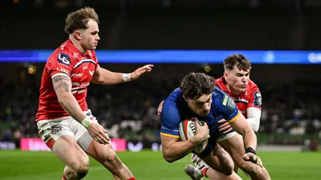Joshua Kenny of Leinster scores his side's sixth try