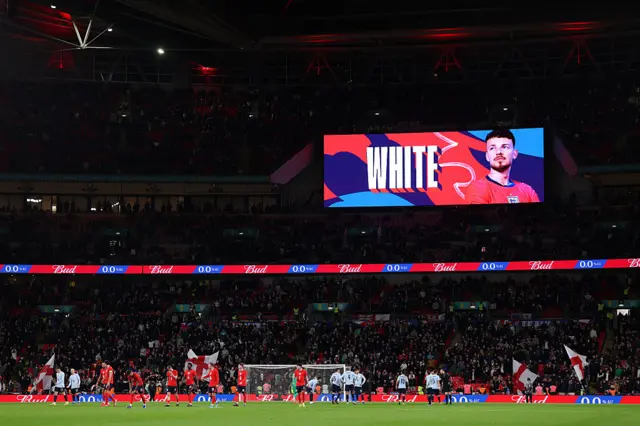 White's name flashes up on the scoreboard after his goal