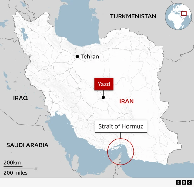 Map of Iran and surrounding countries labelling the capital Tehran is the central north of the country, Yazd in the centre and the Strait of Hormuz to the south of Iran. Turkmenistan is labelled to Iran's north east, Iraq to its west and Saudi Arabia to its south west.