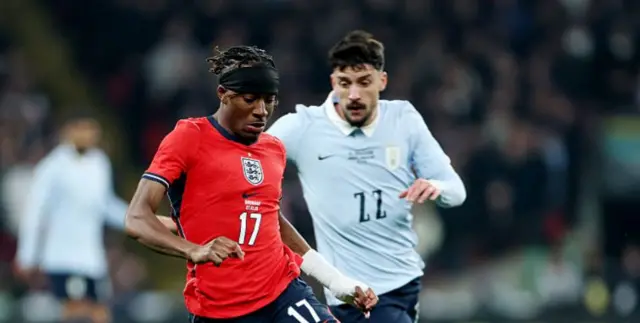 Madueke with a strapping on his wrist