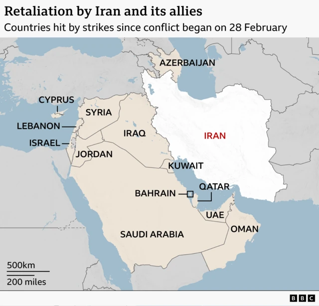 A regional map highlighting Iran in white with its name in black. Countries that have come under fire from Iran and its allies are labelled - Israel, Cyprus, Lebanon, Iraq, Kuwait, Jordan, Bahrain, Qatar, UAE, Oman, Saudi Arabia, Azerbaijan, Syria. Surrounding countries are grey.