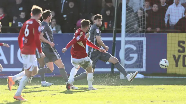 Matt Butcher scores for Salford against MK Dons