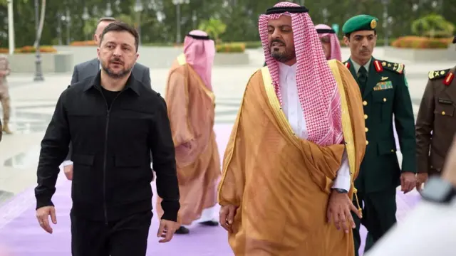 Ukraine's President Volodymyr Zelenskiy meets Deputy Governor of Makkah Region Prince Saud bin Mishaal bin Abdulaziz during his visit to Jeddah, Saudi Arabia.