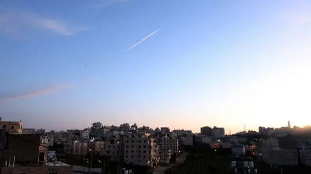 Traces from a missile launched by Yemen seen over the sky of Hebron, in the West Bank. Photo: 28 March 2026.