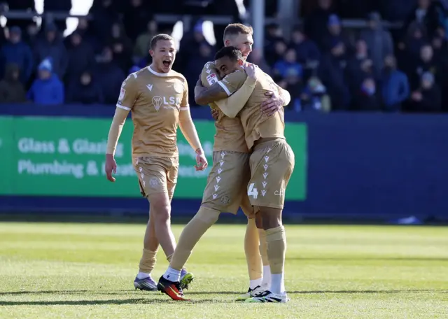 Bromley's Ashley Charles (right) is congratulated by Bromley's Mitch Pinnock after he scores his free-kick