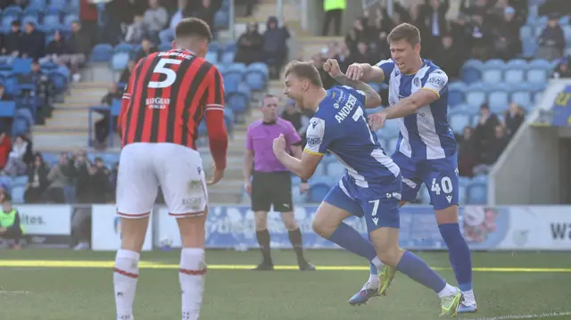 Harry Anderson celebrates equalising for Colchester against Walsall