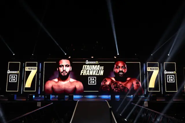 A large screen showing images of Moses Itauma and Jermaine Franklin with the writing Itauma vs Franklin