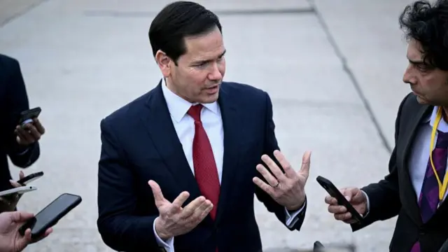 US Secretary of State Marco Rubio speaks to the press before his departure following a G7 Foreign Ministers' meeting