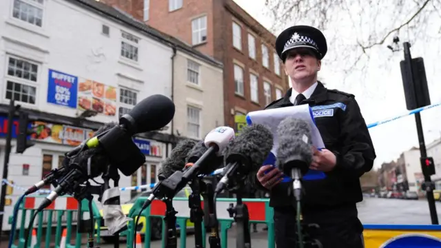 hief Superintendent Emma Aldred, area commander for Derby, speaking to members of the media at the scene in Friar Gate.