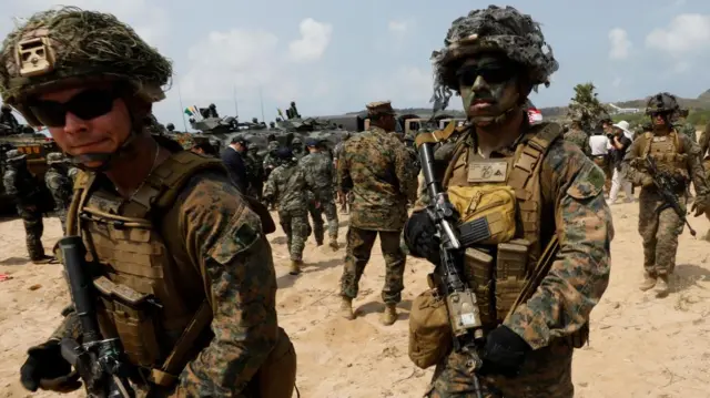 US Marines take part during amphibious assault training