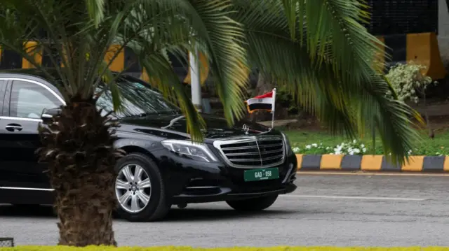 A car with an Egyptian flag attached to its bonet drives past a palm tree