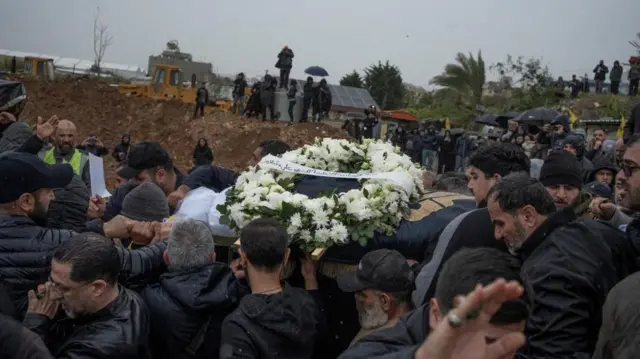Relatives and friends carry the coffin of Fatima Ftouni, during the funeral of three Lebanese journalists killed in an Israeli strike