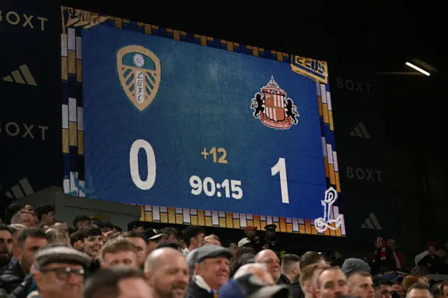 A screen shows the 12 minutes of added time at the end of the English Premier League football match between Leeds United and Sunderland a