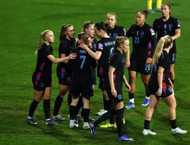 Jess Park of England celebrates scoring her team's fifth goal with teammates during the 2027 FIFA Women's World Cup Qualifier between Ukraine and England at Mardan Sports Complex on March 03, 2026.