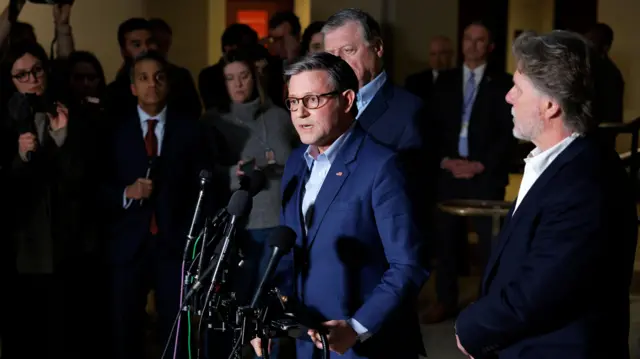 Mike Johnson speaks to the media after a classified briefing with lawmakers at the US Capitol
