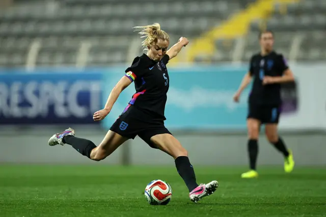 Leah Williamson of England shoots during the 2027 FIFA Women's World Cup Qualifier between Ukraine and England at Mardan Sports Complex on March 03, 2026.