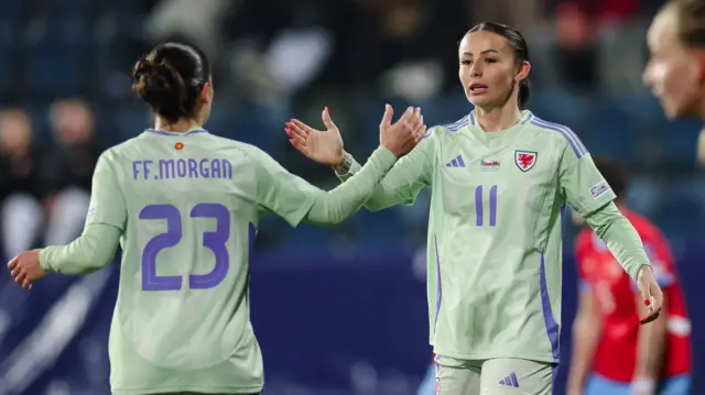 Ffion Morgan and Hannah Cain celebrate
