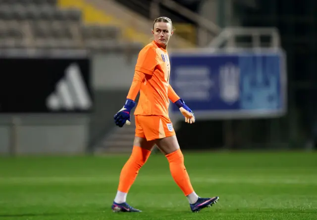 ANTALHannah Hampton of England looks on during the 2027 FIFA Women's World Cup Qualifier between Ukraine and England at Mardan Sports Complex on March 03, 2026.