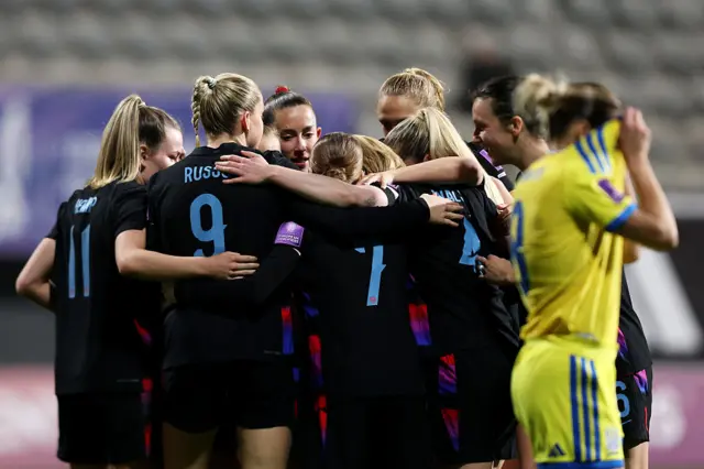 Alessia Russo of England celebrates scoring her team's first goal with teammates during the 2027 FIFA Women's World Cup Qualifier between Ukraine and England at Mardan Sports Complex on March 03, 2026.
