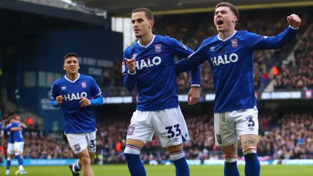 Ipswich players celebrate Anis Mehmeti's goal in the 3-0 win over Swansea