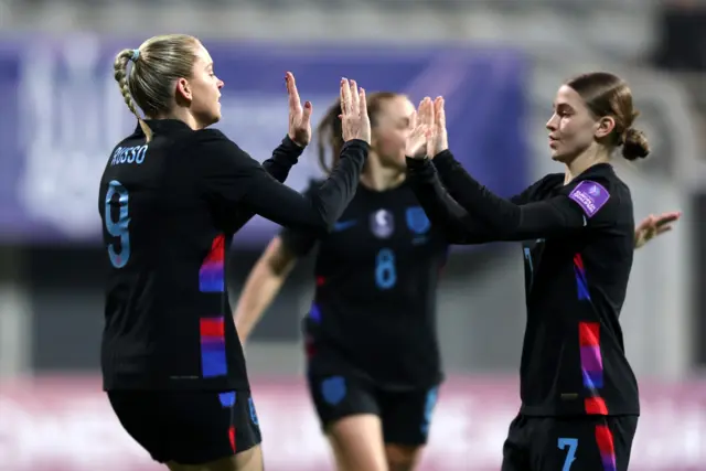 Alessia Russo of England celebrates scoring her team's first goal with teammate Jess Park during the 2027 FIFA Women's World Cup Qualifier between Ukraine and England at Mardan Sports Complex on March 03, 2026.