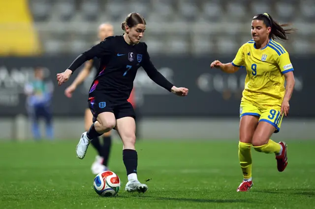 Jess Park of England controls the ball under pressure from Nicole Kozlova of Ukraine during the 2027 FIFA Women's World Cup Qualifier between Ukraine and England at Mardan Sports Complex on March 03, 2026.