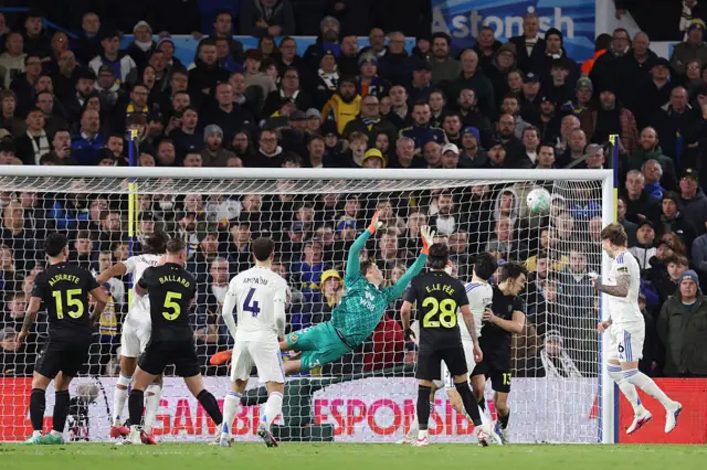 Joe Rodon of Leeds United scores a goal which is later disallowed