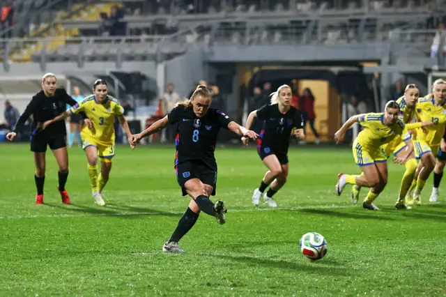 Georgia Stanway of England scores her team's third goal from the penalty spot during the 2027 FIFA Women's World Cup Qualifier between Ukraine and England at Mardan Sports Complex on March 03, 2026.