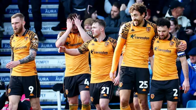 Hull City players celebrate Matt Crooks' goal in the 1-0 win away at Portsmouth