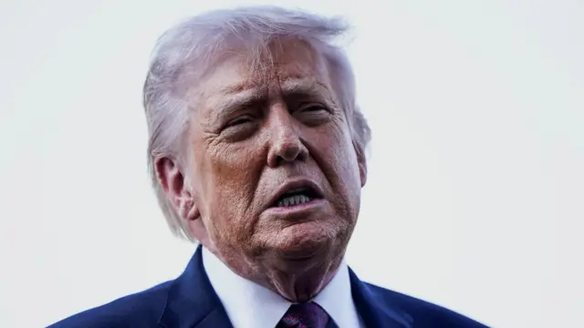 U.S. President Donald Trump speaks to the media after arriving in Corpus Christi, Texas
