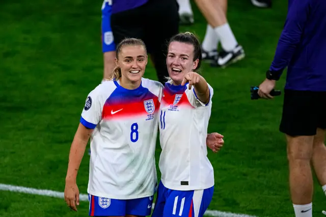 England's Georgia Stanway and Lauren Hemp after winning the UEFA Women's EURO 2025 Final match between England and Spain at St. Jakob-Park on July 27, 2025.
