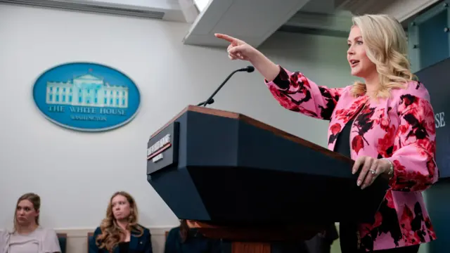 White House Press Secretary Karoline Leavitt holds a press briefing in the James S. Brady Press Briefing Room at the White House in Washington