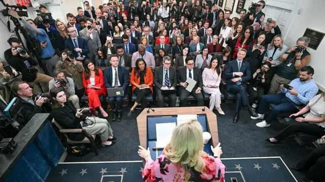 White House Press Secretary Karoline Leavitt speaks during a press briefing in the Brady Briefing Room of the White House in Washington, DC, on March 30, 2026.