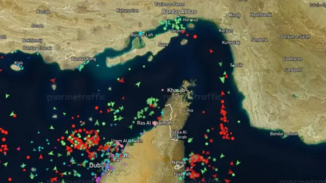 A MarineTraffic screengrab showing the Strait of Hormuz with essentially no ships sailing through the narrow channel