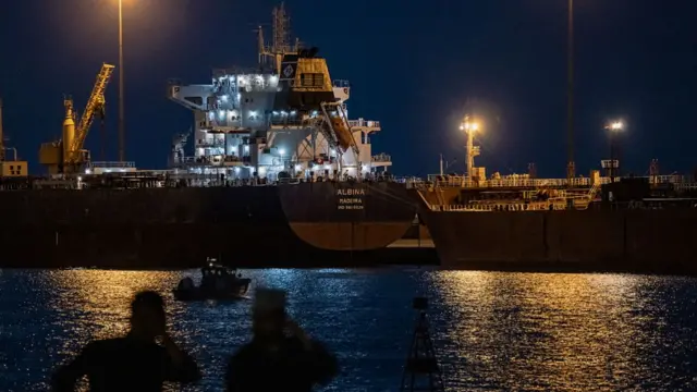 The Albina Bulk carrier sits anchored on March 22, 2026 at Sultan Qaboos Port in Muscat, Oman