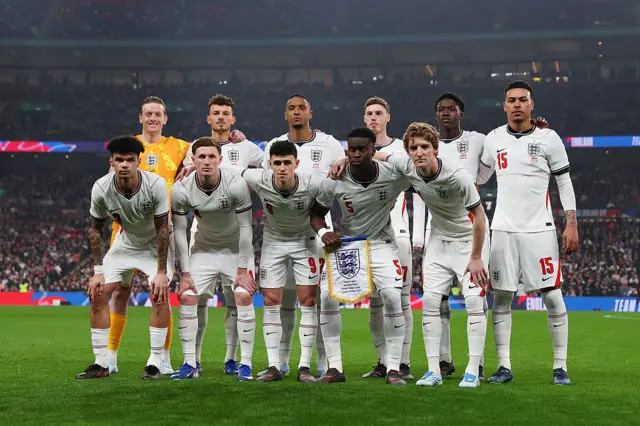 Players of England pose for a team photo prior to the international friendly match between England and Japan at Wembley Stadium on March 31, 2026 in London, England. (