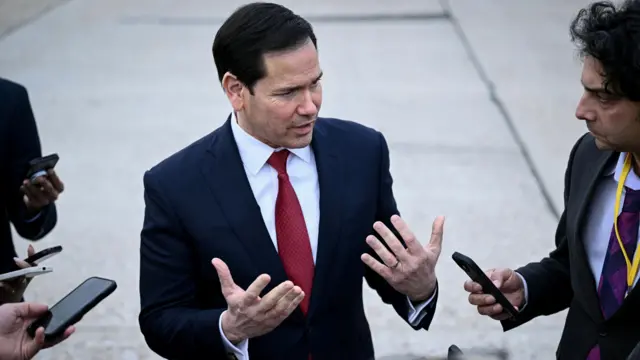 US Secretary of State Marco Rubio speaks to the press before his departure following a G7 Foreign Ministers' meeting
