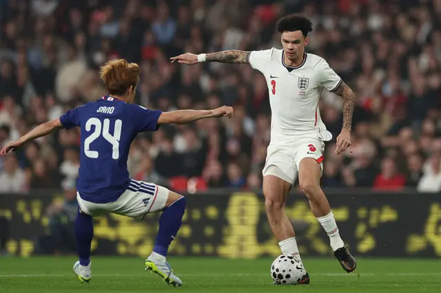 England's midfielder Nico O'Riley (R) vies with Japan's midfielder Kaishu Sano (L) during the friendly international football match between England and Japan at Wembley Stadium in London on March 31, 2026.