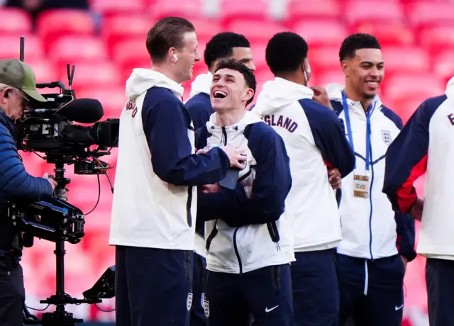 England goalkeeper Jordan Pickford and Phil Foden ahead of the international friendly match at Wembley Stadium, London.