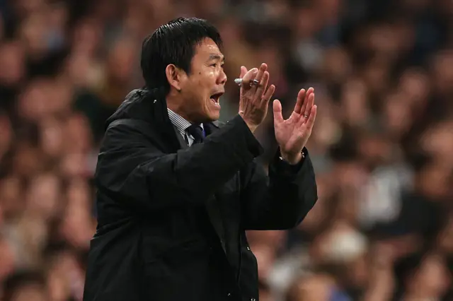Japan's Head Coach Hajime Moriyasu gestures on the touchline during the friendly international football match between England and Japan at Wembley Stadium in London on March 31, 2026.